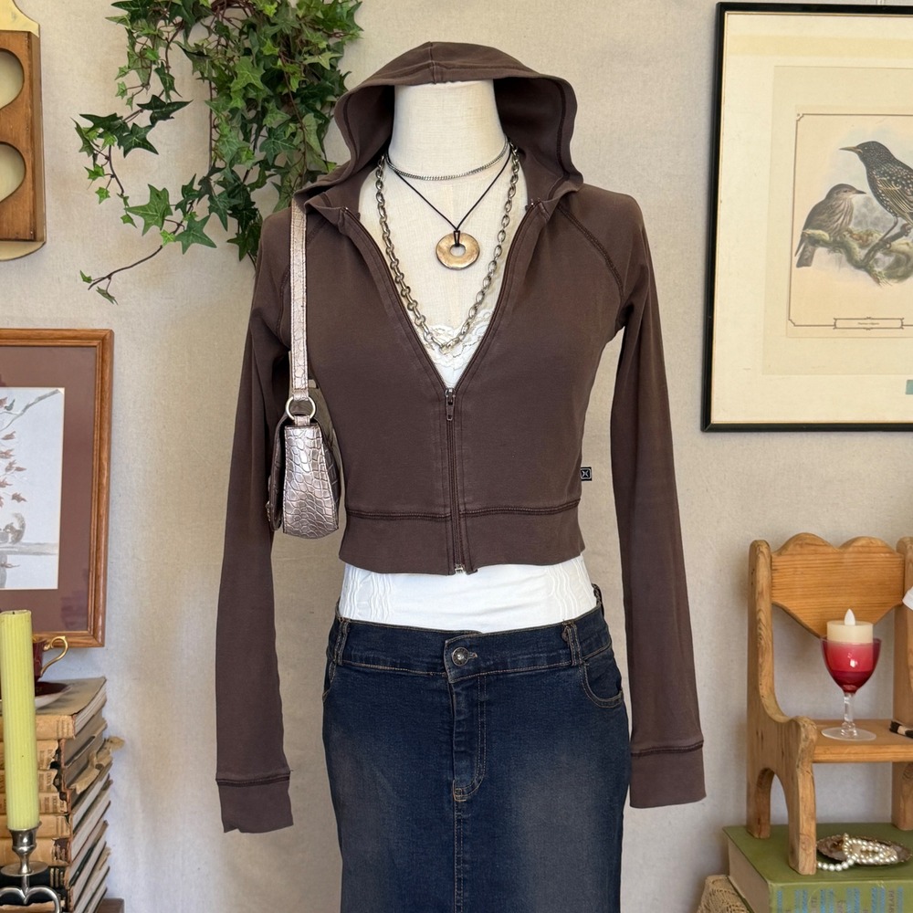 Brown Solid Ribbed Hoodie Zip-up Fitted Y2K Indie Grunge S Cropped Layering